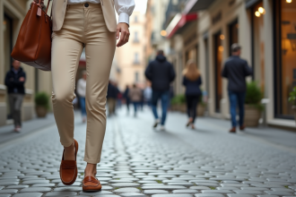 Femme élégante en mocassins beige dans une ville européenne