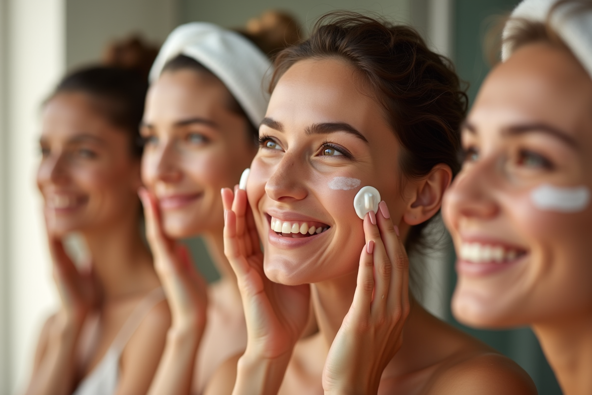Femmes souriantes appliquant une crème visage dans une lumière douce