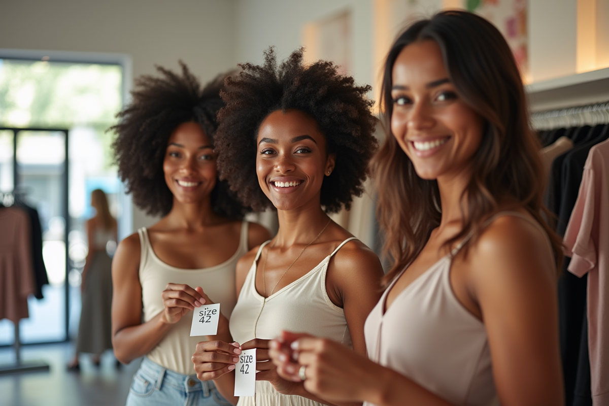 Trois femmes souriantes comparant des vêtements taille 42