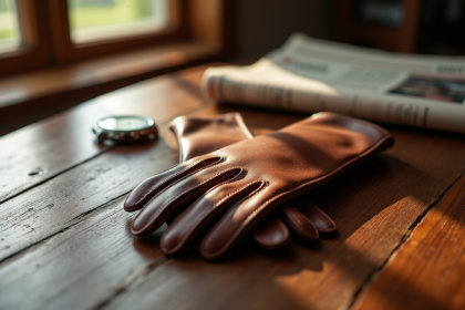 Gants en cuir brun élégants sur une table en bois avec montre et journal