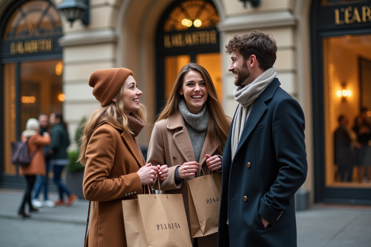 Groupe d amis souriants devant l entrée des Galeries Lafayette
