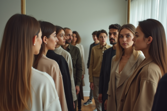 Groupe de personnes regardant leur reflet dans un miroir