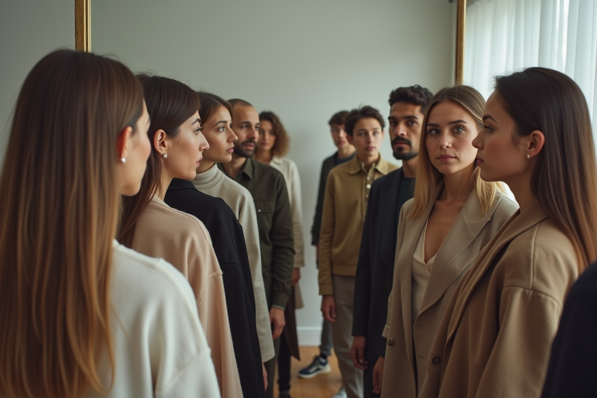 Groupe de personnes regardant leur reflet dans un miroir