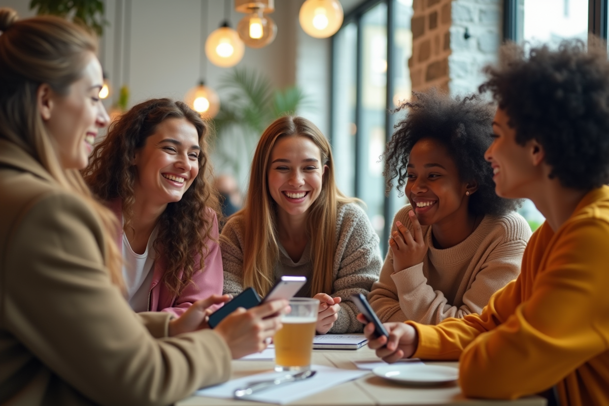 Jeunes adultes souriants avec sacs à la mode au café