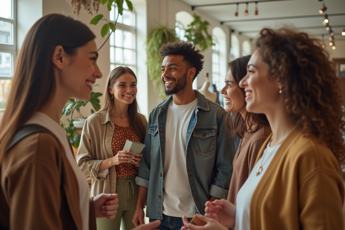 Groupe de jeunes adultes faisant du shopping dans une boutique écologique