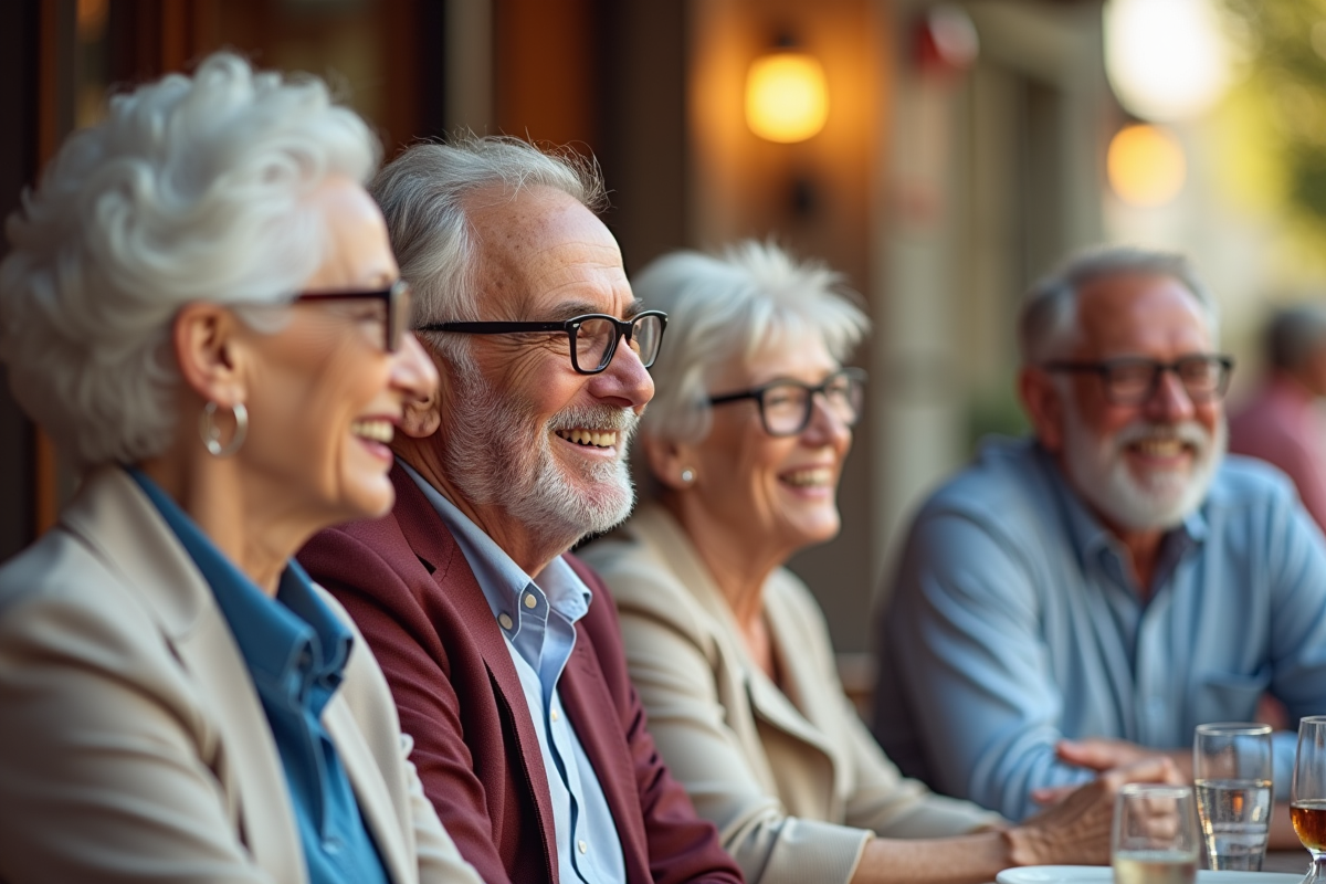 Groupe de seniors riant ensemble à un café en plein air
