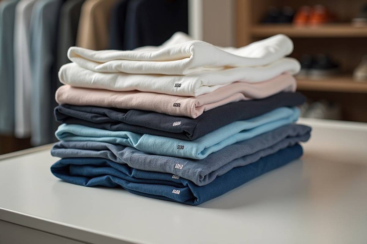 Groupe de t-shirts pliés avec étiquettes de tailles