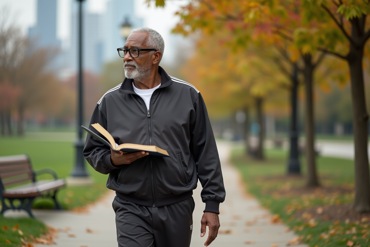 Homme africain âgé marchant dans un parc urbain avec un livre
