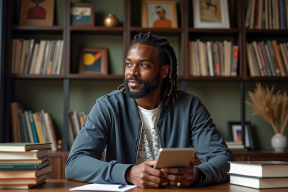 Homme africain d'âge moyen dans une bibliothèque créative