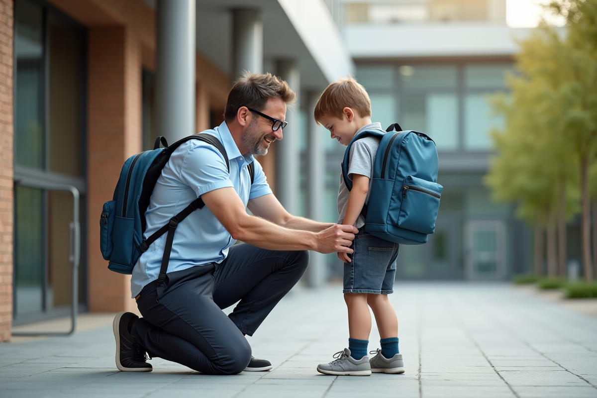 Homme aidant un garçon à ajuster son sac à dos à l