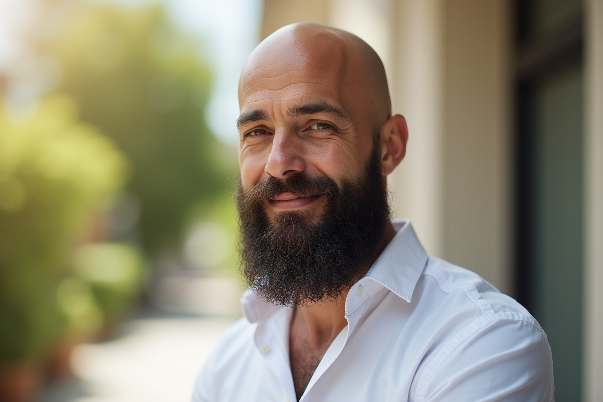 Homme chauve avec barbe soignee en plein air