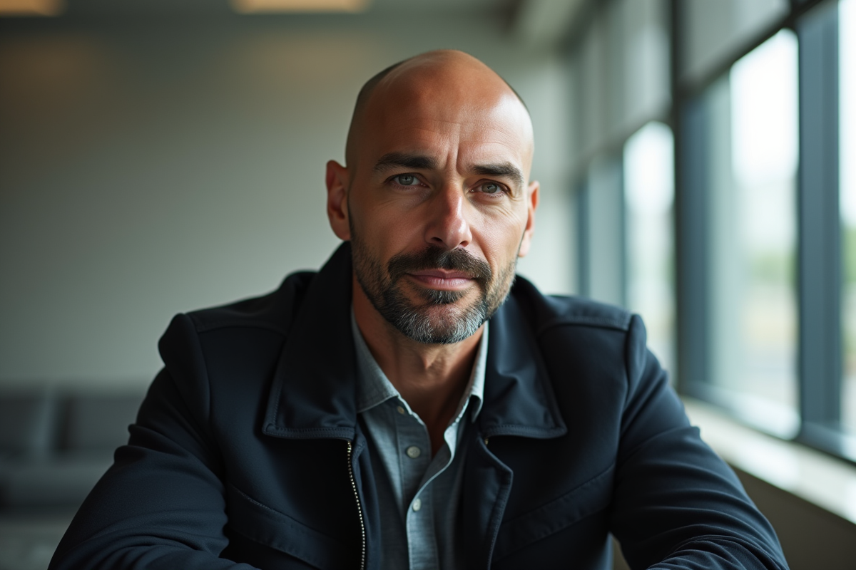Homme chauve en veste dans un intérieur moderne