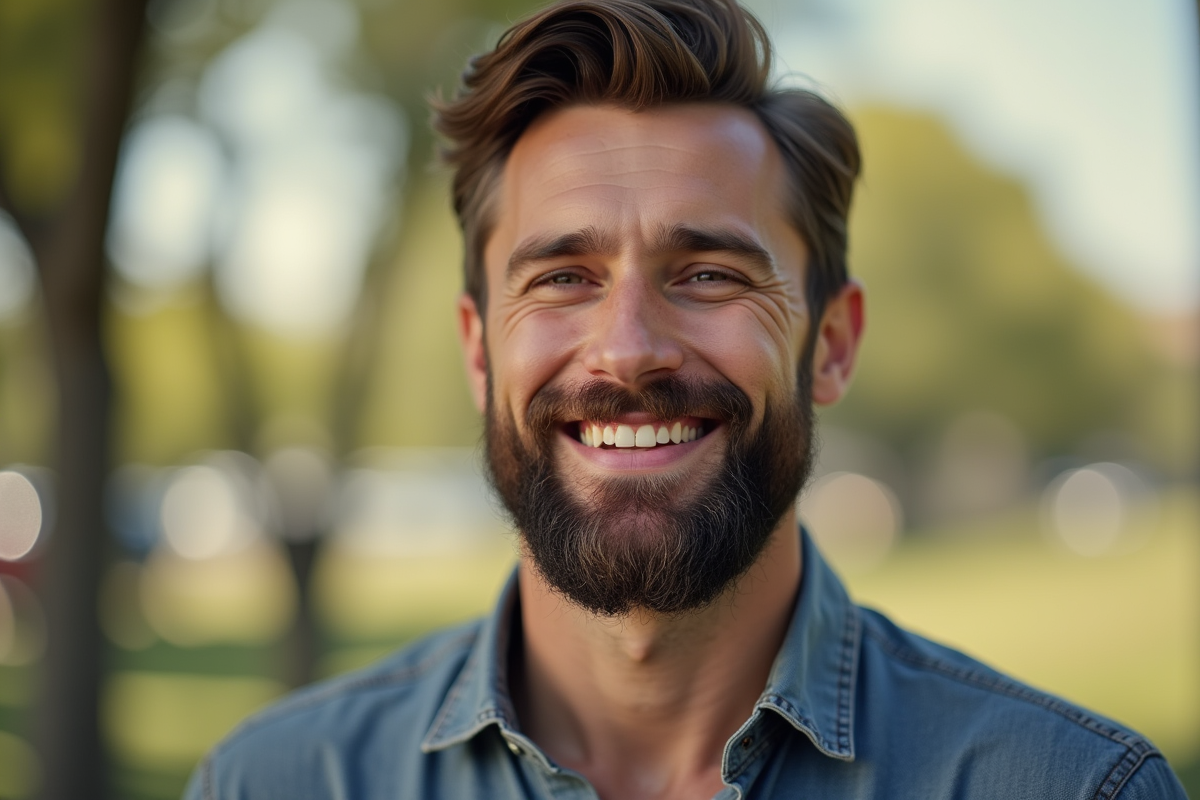 Homme barbu souriant en extérieur en plein jour