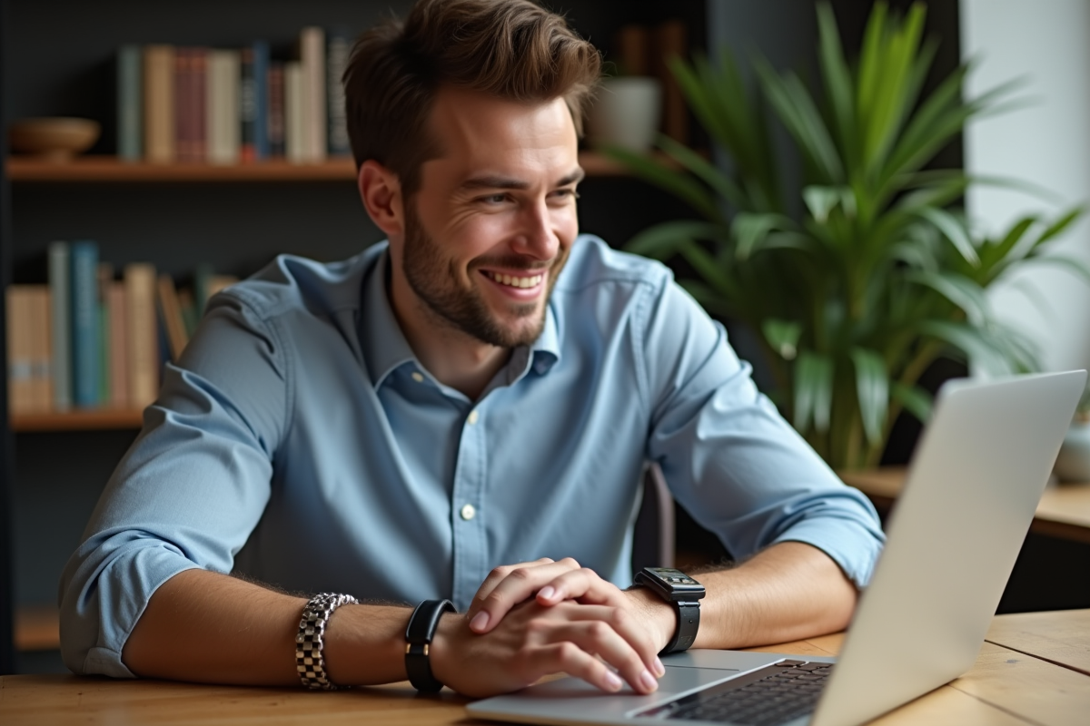 Homme concentré portant bracelets dans un bureau cosy