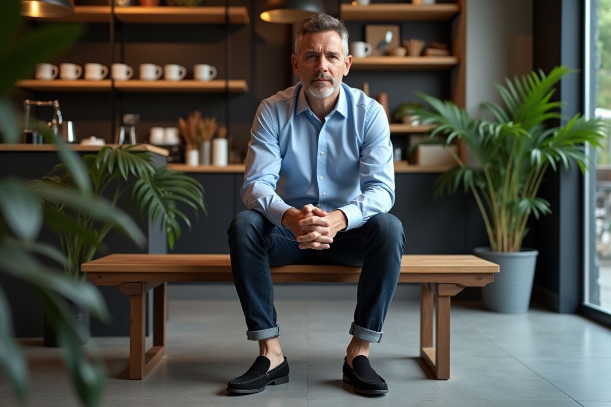 Homme en mocassins noirs dans un café moderne