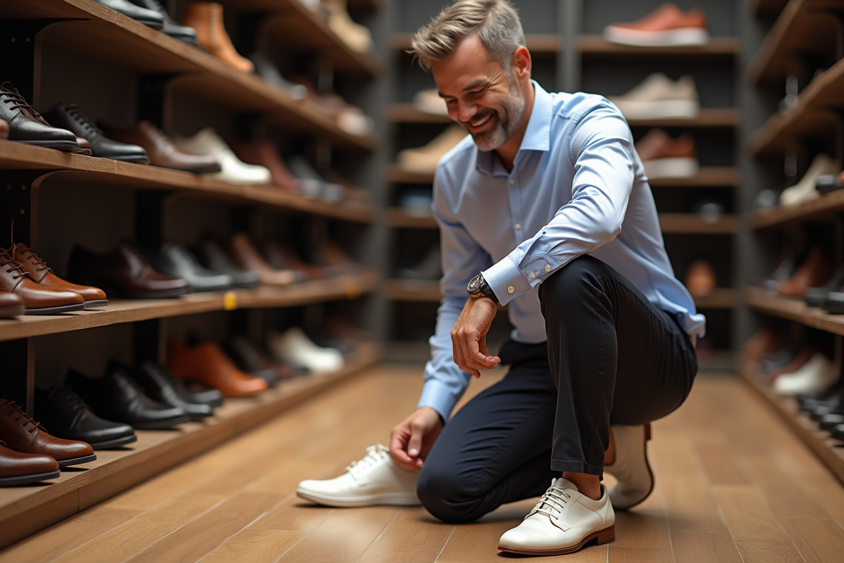 Homme essaie chaussures en boutique avec sourire