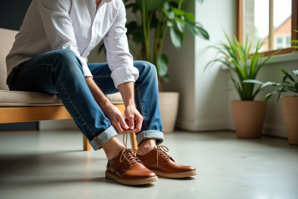 Homme attachant des sneakers en cuir écologique en intérieur