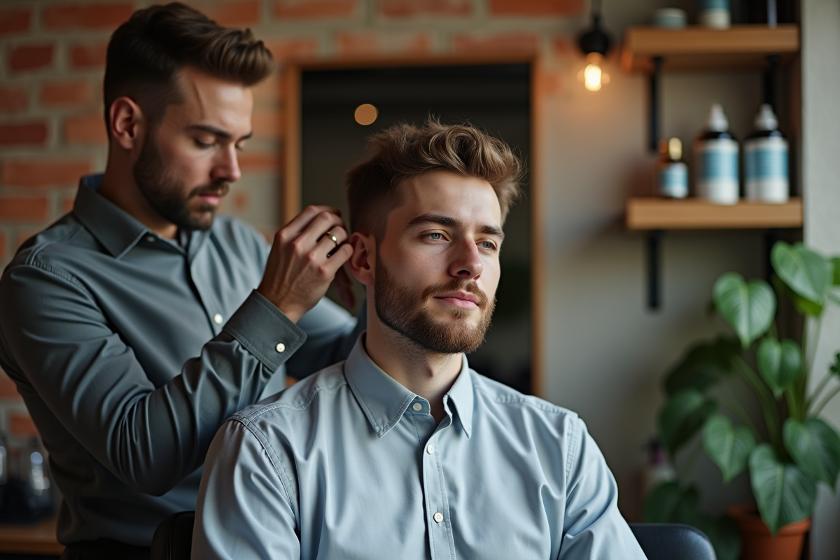 Homme coiffeur ajustant la coupe d’un client devant un miroir dans un salon