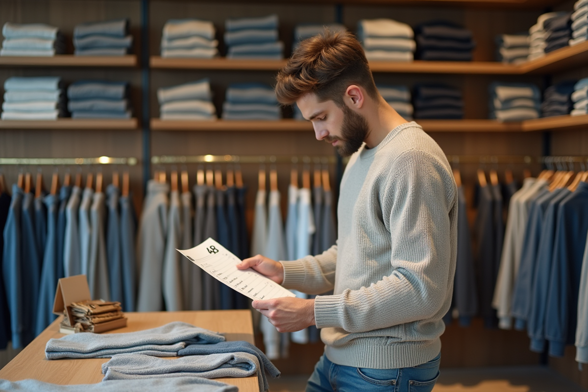 Jeune homme vérifiant un guide des tailles en magasin