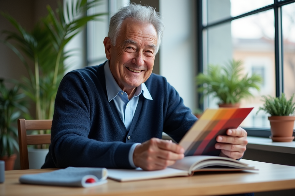 Homme âgé avec échantillons de tissus colorés près d