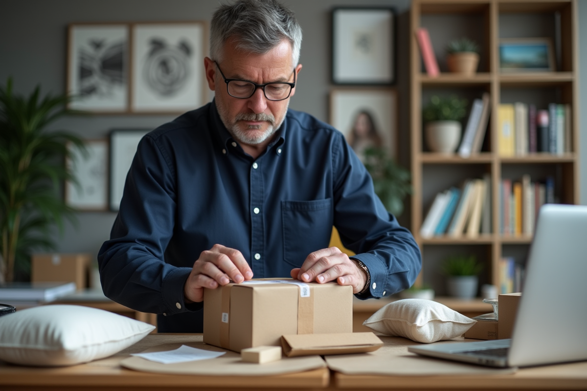Homme scellant un colis fragile dans un bureau moderne