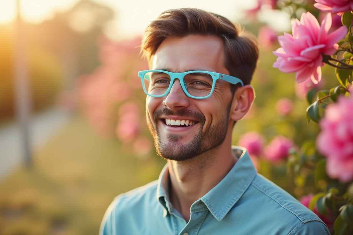 Homme portant lunettes bleues pastel en extérieur ensoleillé