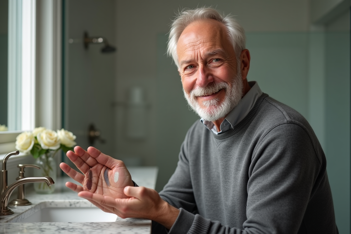 Homme mature testant des ombres à paupières dans la salle de bain