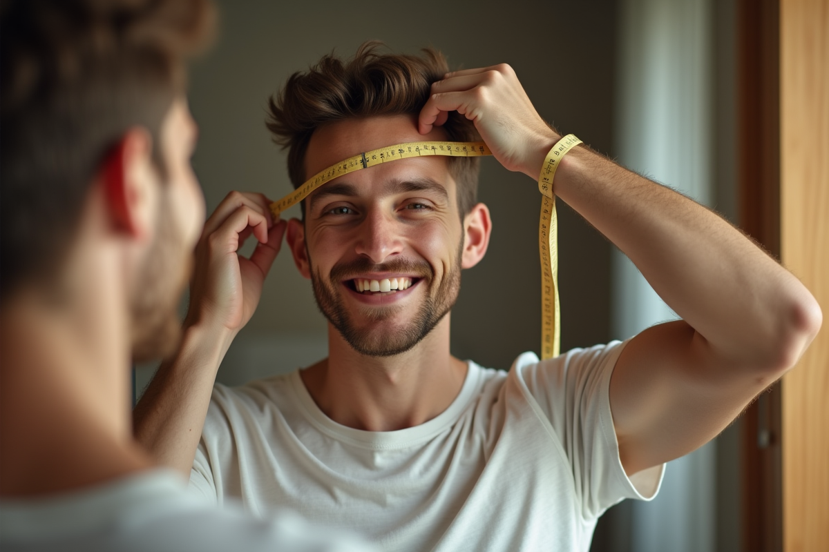 Homme mesurant son front avec un ruban dans une chambre lumineuse