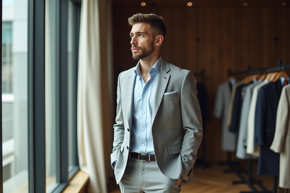 Homme en costume dans un espace backstage de mode