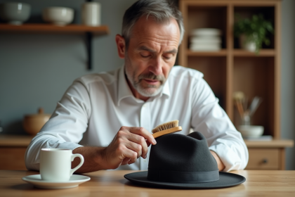 Homme d'âge moyen nettoyant un fedora en feutre blanc