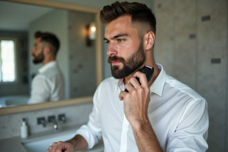 Homme en train de se raser la barbe avec une tondeuse électrique