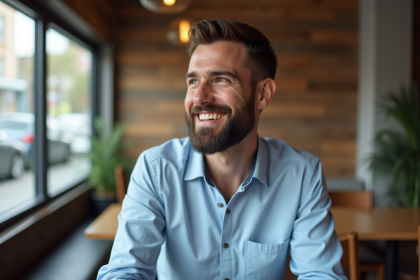 Homme souriant dans un café urbain lumineux