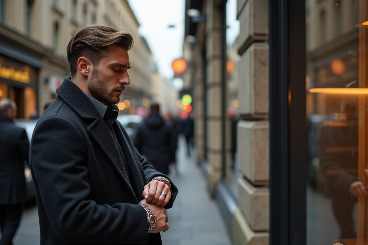 Homme ajustant un bracelet en argent dans une rue animée