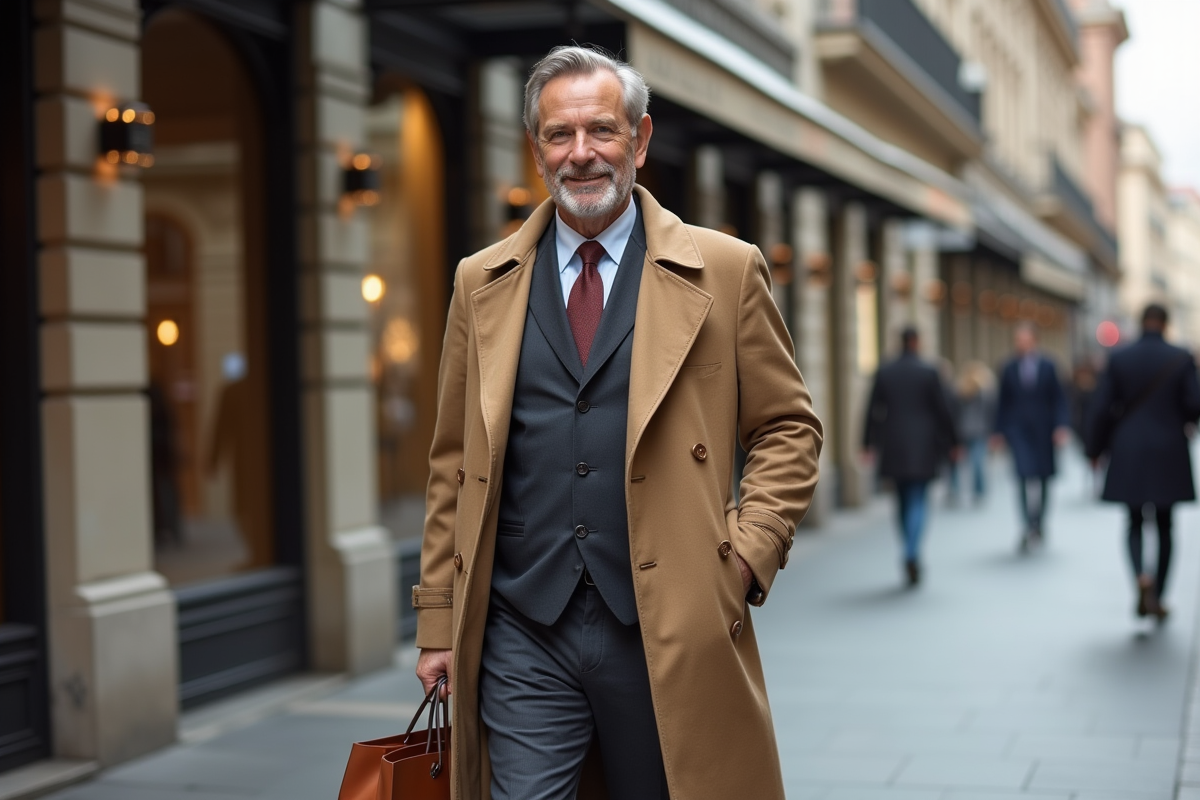 Homme en trench coat marchant en ville chic