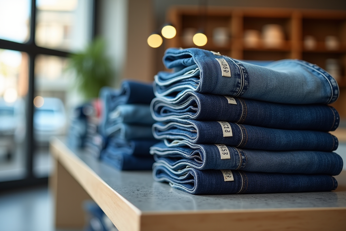 Pile de jeans colorés sur un comptoir lumineux