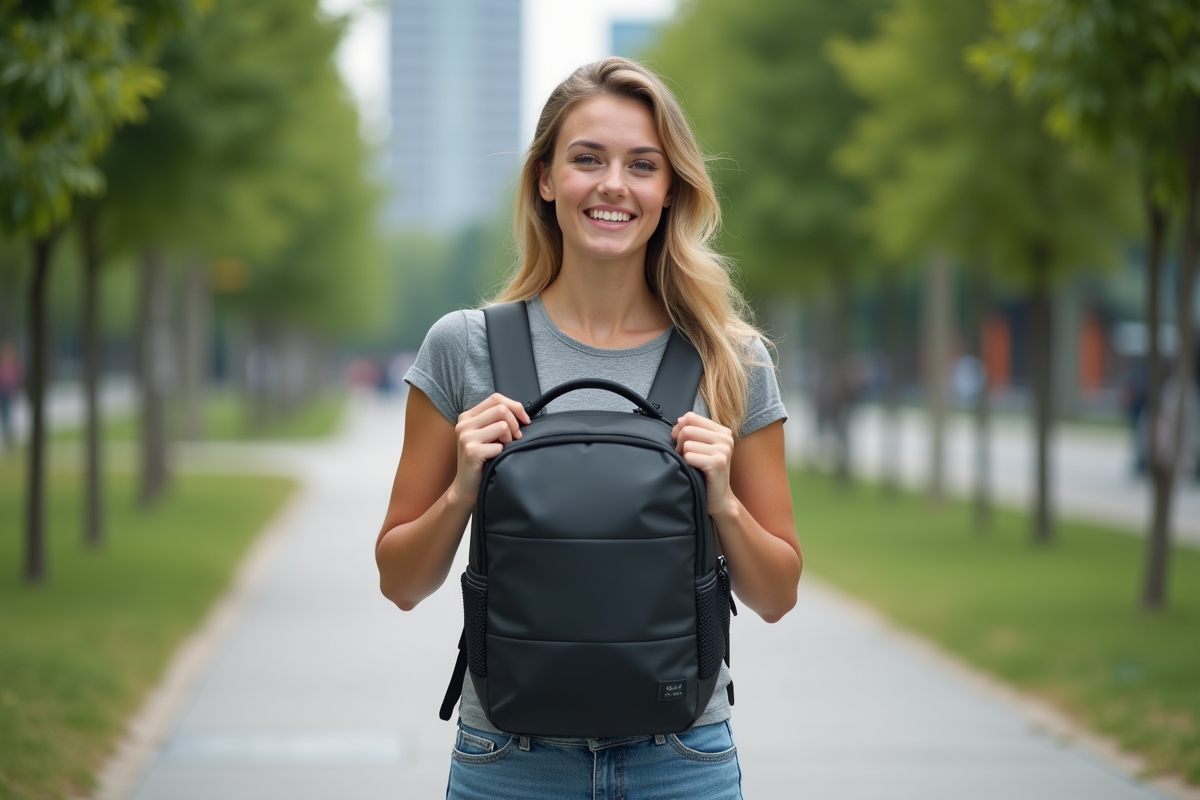 Jeune femme ajustant son sac à dos moderne en ville