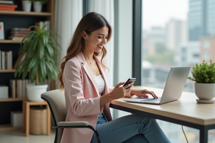 Jeune femme en blazer pastel travaillant sur son ordinateur
