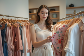 Jeune femme dans une boutique de mode à Paris
