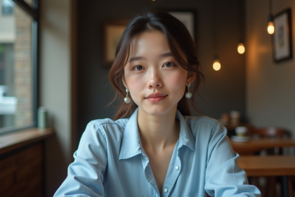 Jeune femme au visage diamant dans un café chaleureux