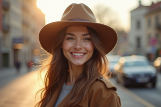 Jeune femme souriante portant un chapeau moderne en extérieur