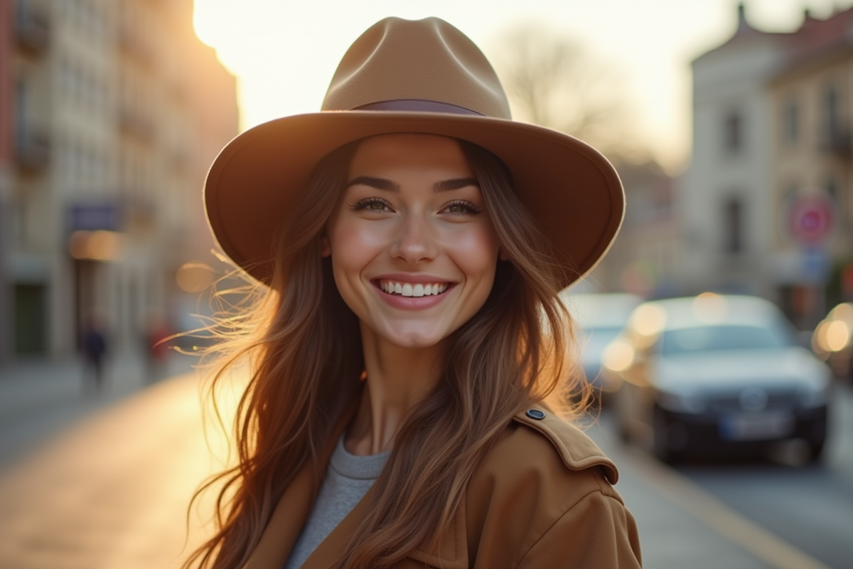 Jeune femme souriante portant un chapeau moderne en extérieur