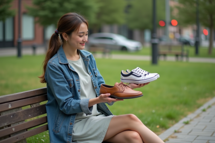 Jeune femme compare chaussures classiques et sneakers modernes