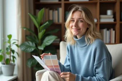 Jeune femme souriante avec palette de couleurs près du visage