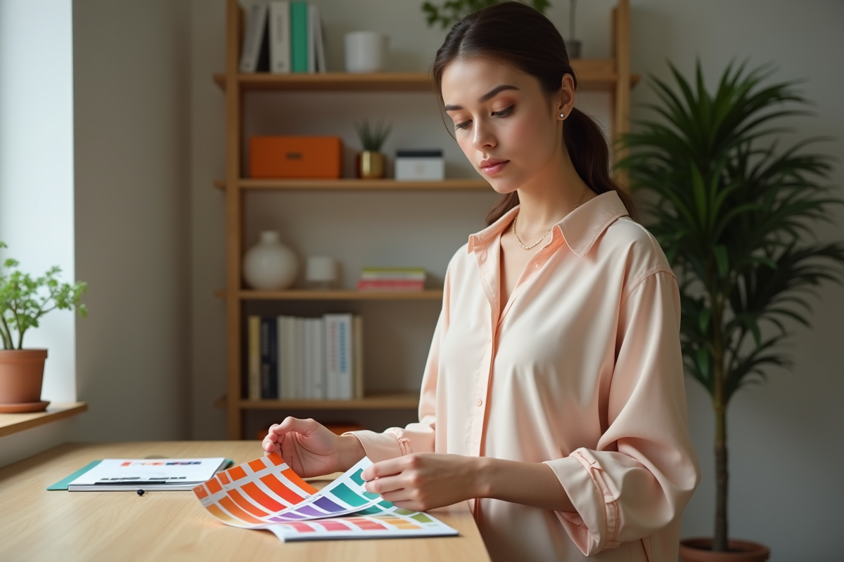 Jeune femme en blouse minimaliste devant bureau moderne