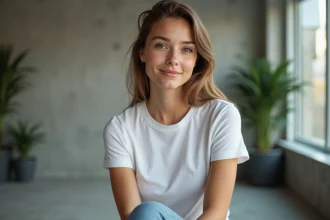 Jeune femme souriante en studio minimaliste avec t-shirt blanc