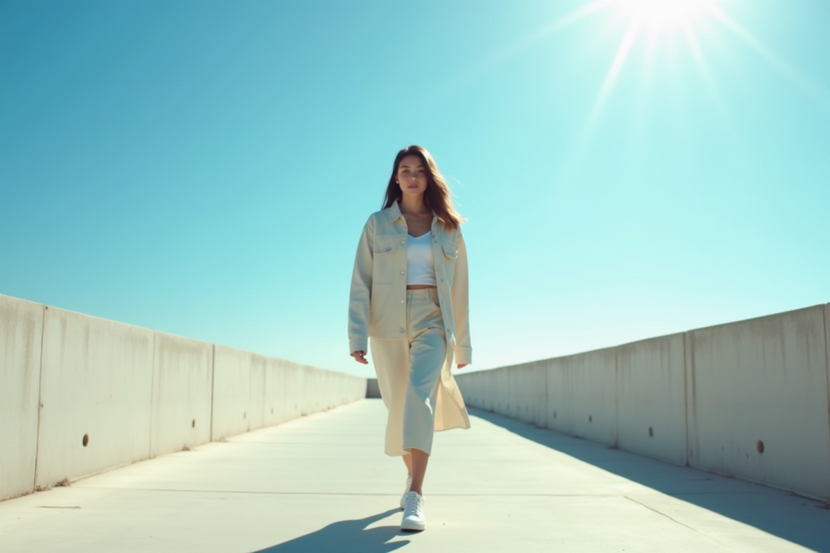 Jeune femme marche en rue en streetwear minimaliste
