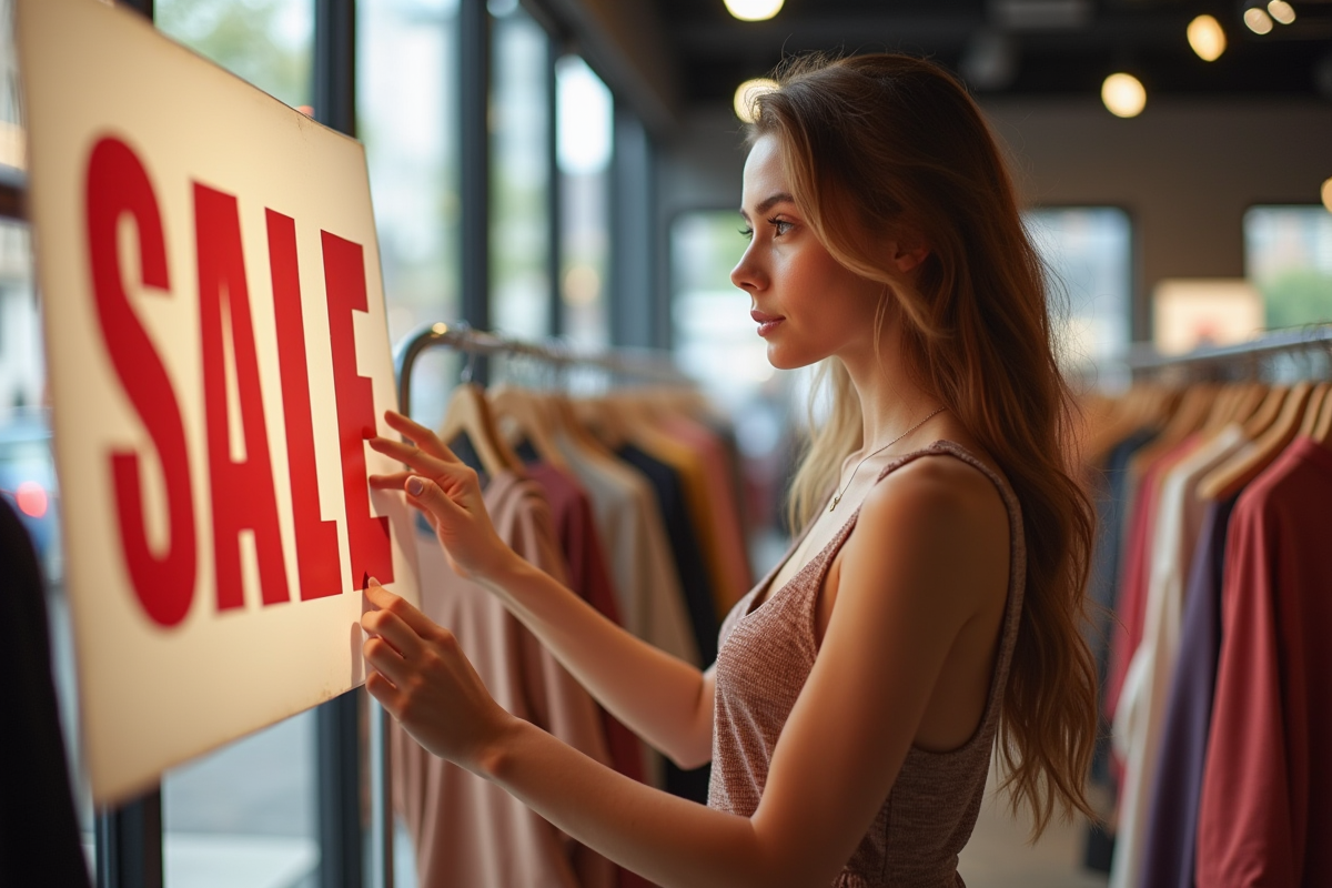 Jeune femme faisant du shopping avec panneau sale
