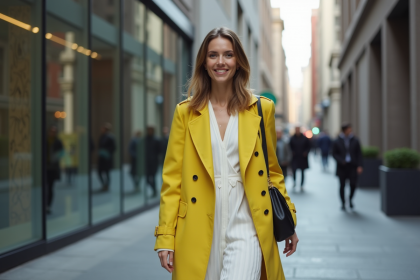 Jeune femme souriante en trench chartreuse en ville