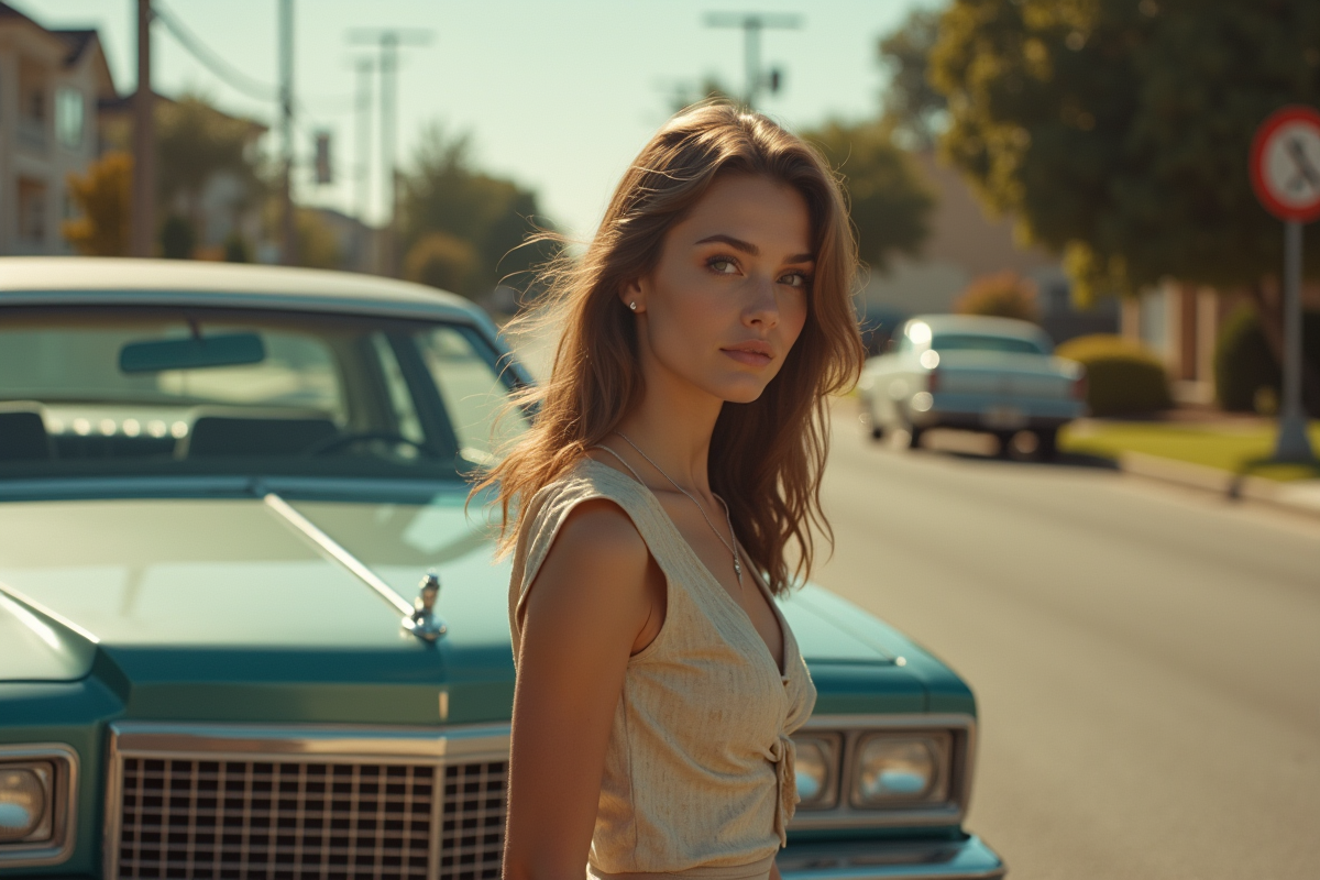 Jeune femme en mode 1970s près d'une voiture vintage