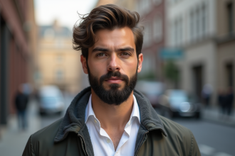 Jeune homme à la barbe moderne en milieu urbain